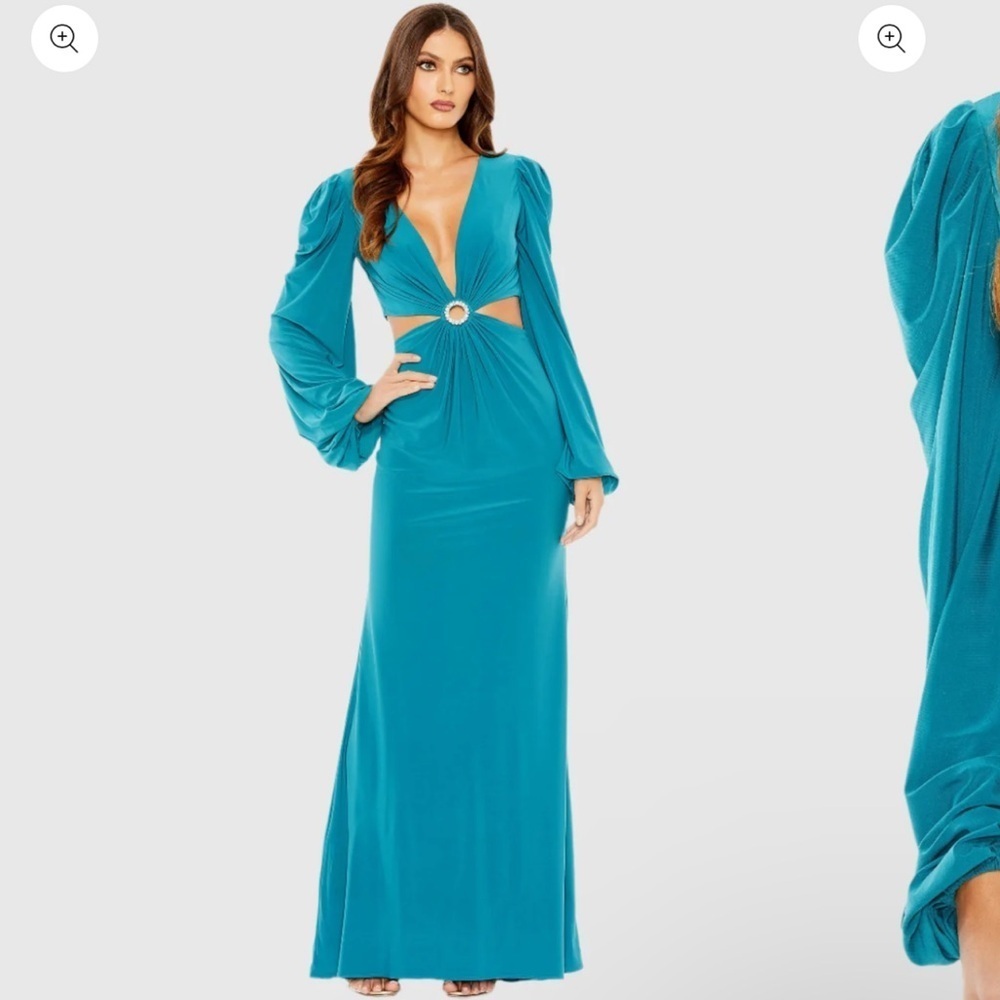 NWT |Mac Duggal 26727 Ocean Blue Jersey Puff Sleeve Cut Out Gown Size 12